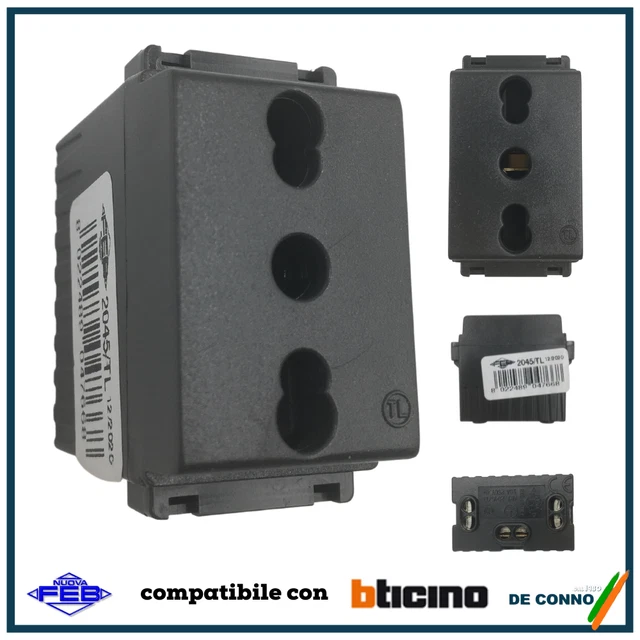 Presa Da Parete Nera 250v Classic 4580 Compatibile - 2P T 10/16A, 250V, Nera, Per Interni/esterni Presa Bipasso Bticino Living - Foto 13