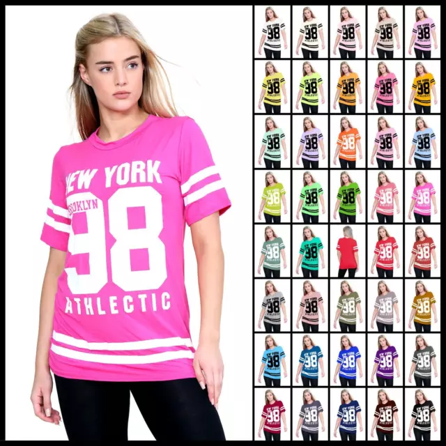 New Ladies Varsity NewYork 98 Brooklyn Print Baseball Oversized Tee T-Shirt Top