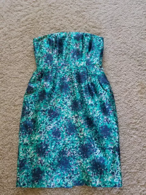 NWT J Crew Collection turquoise abstract floral silk strapless dress, Size 2