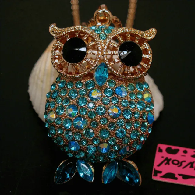 New Cute Blue Shiny Crystal Big Eye Owl Fashion Women Pendant Sweater Necklace