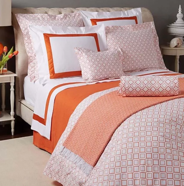 Sferra Deagan Euro Sham White/Tangerine Egypt Cotton Percale Geometric Italy New