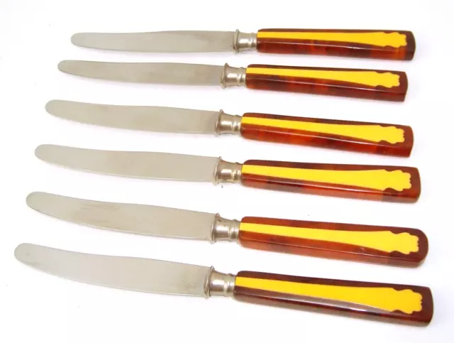 Art Deco Stainless 2 Tone Brown & Yellow Bakelite Dessert Fruit Knives Set of 6