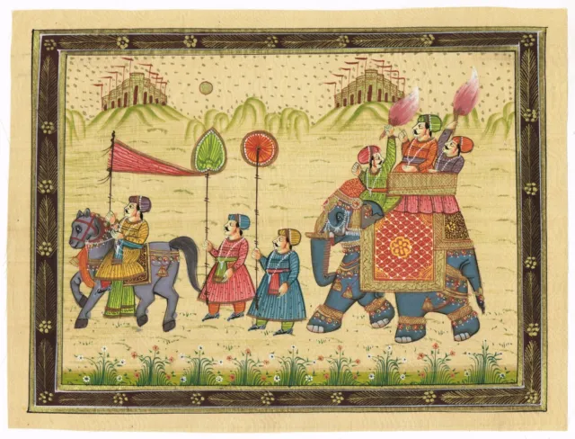 Fait à la Main Indien Peinture Miniature De Royal King Cortege Art On Soie Tissu