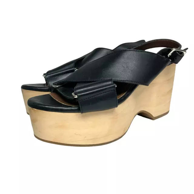 Marni Womens Size 39 Black Leather Wood Platform Sandals