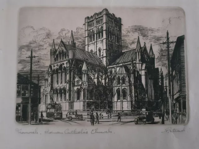 Tim Stead signed etching Norwich Roman Catholic Church street scene