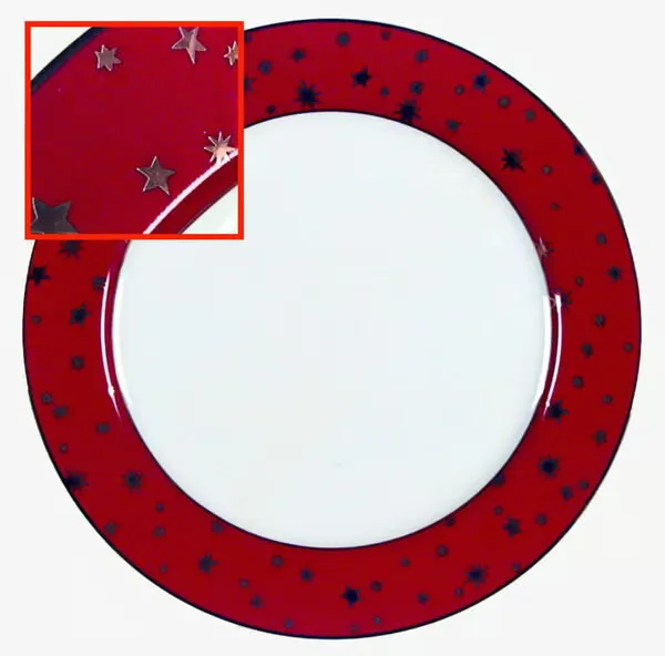 Set of 2 Galaxy by Sakura RED WHITE 10.5" Dinner Plates 14K Gold Stars PORCELAIN