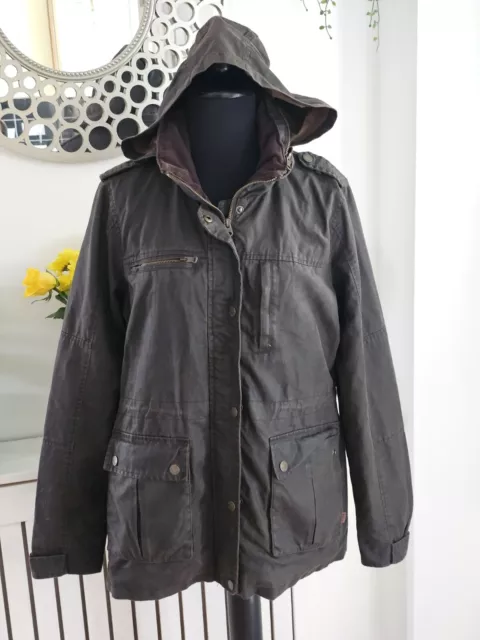 Fat Face Heritage Range Chocolate Brown Waxed Jacket Outerwear With Hood UK 12