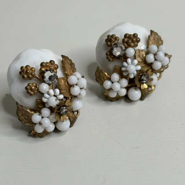 Vintage Haskell-Esque White Cluster Signed Milk Glass Clip On Earrings Gold Tone