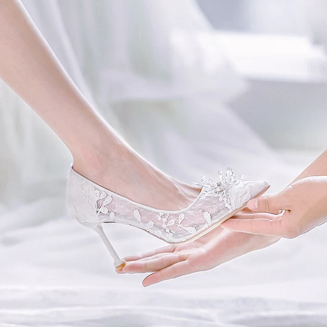 Scarpe da Sposa Bianche  in pizzo con cristalli Matrimonio