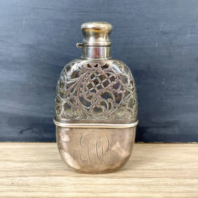 Antique silver overlay art nouveau flask with cup - 5.5" tall