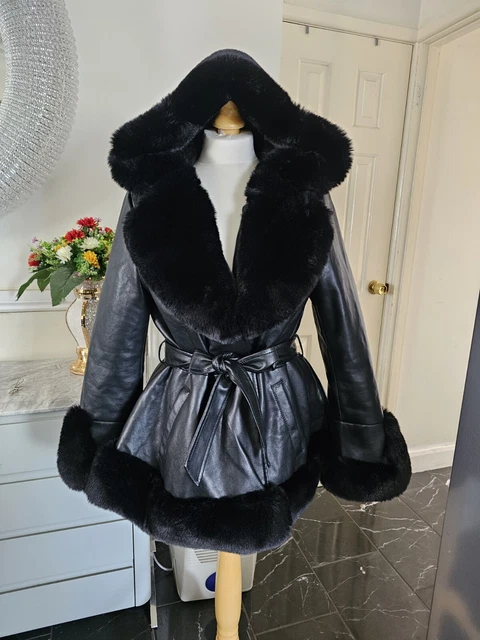 WULUX PARIS FAUX Fur Trim Fleece Lined Hooded Leather Coat Jacket Size 14 Black 45.00 PicClick UK