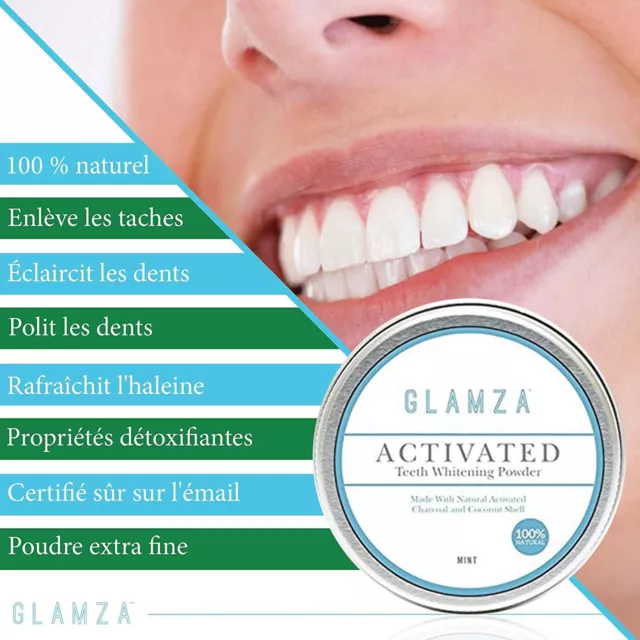 Glamza Carbone Attivo Denti Dente Sbiancante Polvere Cocco Biologico Naturale 3