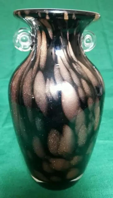 Murano Aventurine Vase Black Glass w/ Copper Flakes Venetian Italy Handles