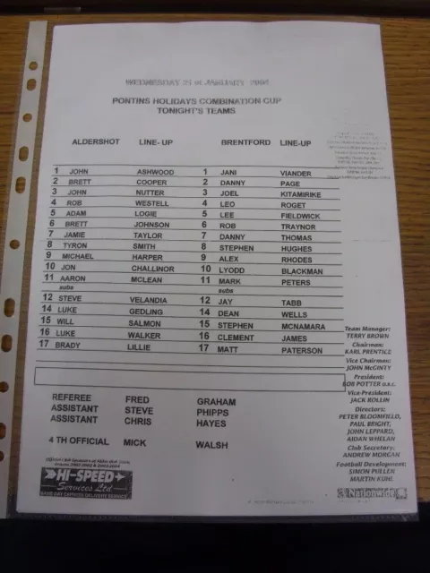 21/01/2004 Aldershot Reserves v Brentford Reserves [Combination Cup] (single she