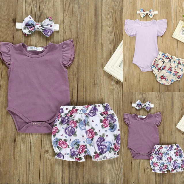 Newborn Infant Baby Girl Clothes Romper Tops Jumpsuit Pants Headband Outfits Set