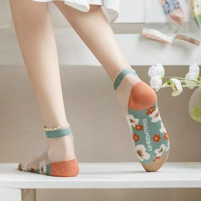 3-7 Pairs Socks Transparent Lady Crystal Lace Elastic Summer Ankle Flower Sock 3