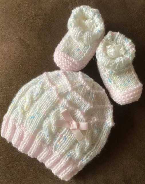 Beanie & Sockettes Set. Hand-knitted by me. Extra Soft, Multicolour w Pink Bow