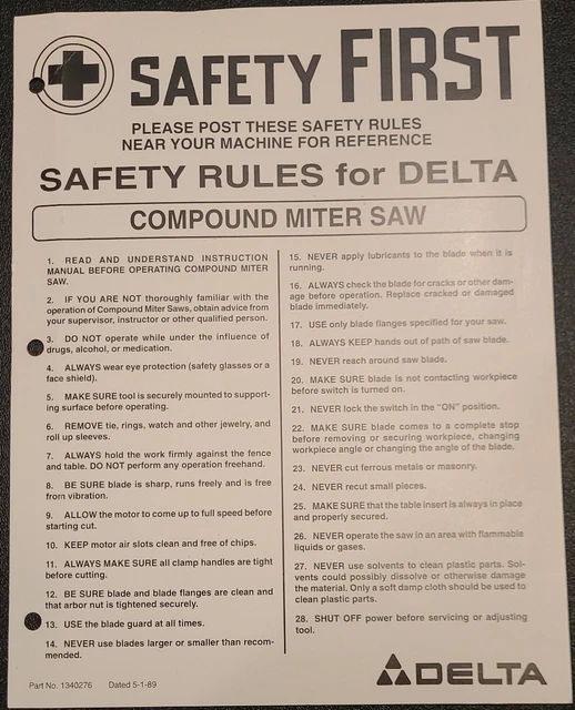 DELTA COMPOUND POWER Miter Saw Safety Rule Cardboard Sign 1340276 Dated