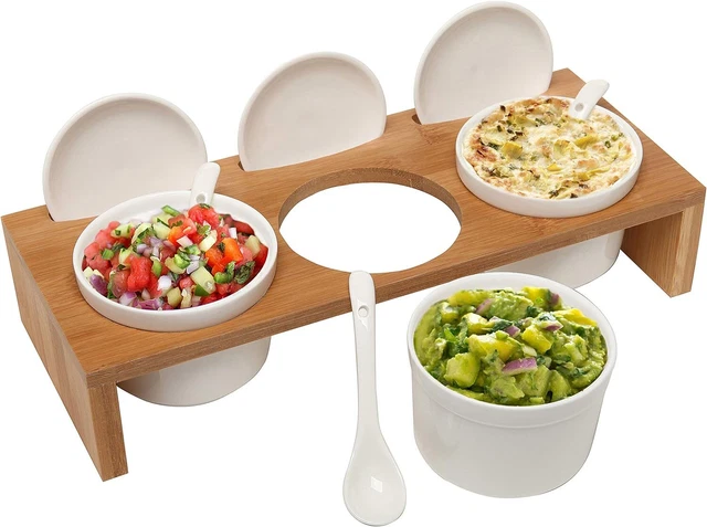 MyGift Wooden Condiment Set, Ceramic Dip Bowls, Sauce Ramekins 3 Piece White