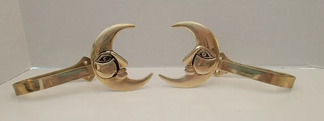 Vintage Pair of Celestial Brass Moon  Curtain/Drapery Tie Backs/Wall Hooks
