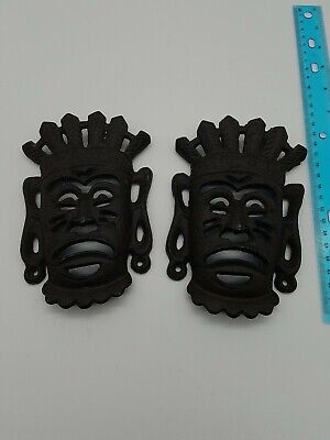 Matching Pair Metal Cast Iron Tribal Mask Wall Decor Black 6 in