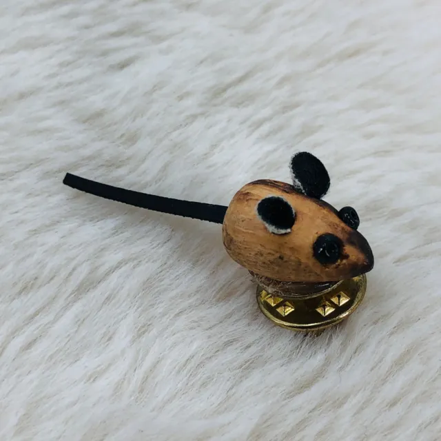 Adorable Wooden Mouse w/ Leather Ears & Tail Lapel Pin