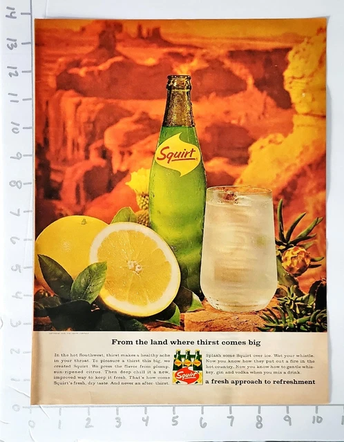 1965 Squirt in green bottle, lemons & glass of Squirt Vtg Color Print Ad