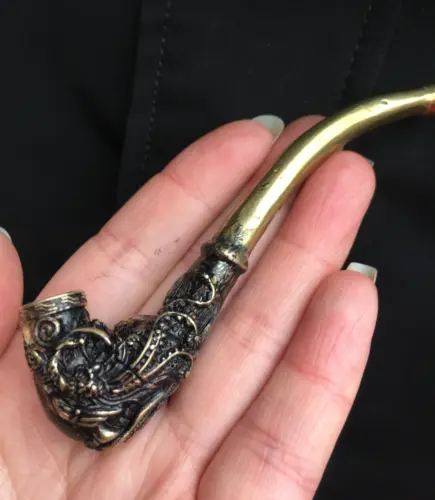 SUPERB Old Chinese brass copper carved Dragon and Phoenix Tobacco pipe