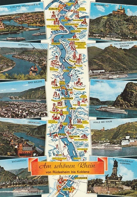 AK MAP, LANDKARTE, Umgebungskarte **DER RHEIN** Rüdesheim - Koblenz £0. ...