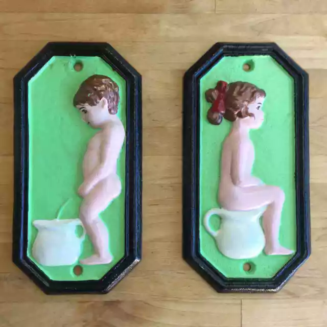 1 pair of Cast iron boy & girl toilet sign plaques Bathroom Restroom vintage New