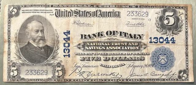 1902 Five Dollars National Currency $5 Bill - Bank of Italy - California #70127