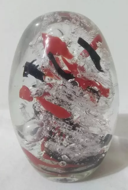 Clear Art Glass Paperweight Black Red Swirl Bubbles Egg 3.5 Inch Artist Signed