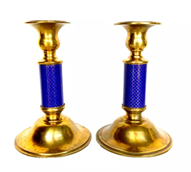 Vtg Blue Fish Scale Cloisonne & Brass Candlesticks/Holders - Neiman Marcus 6.5"