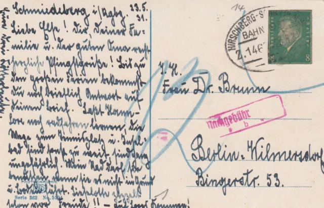 Ansichtskarte Schmiedeberg 1931: Bahnpost Hirschberg-Schmiedberg