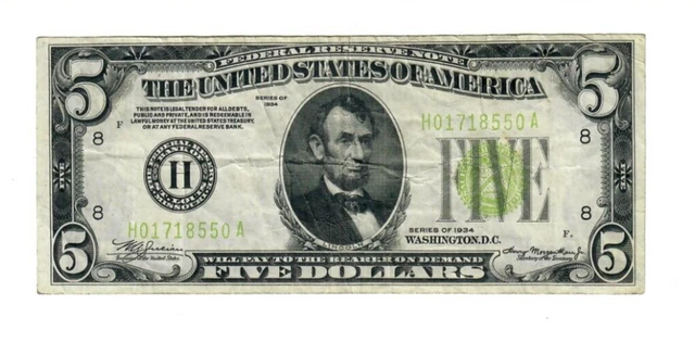 1934 $5 Federal Reserve Note Light Green Seal St. Louis Nice VF