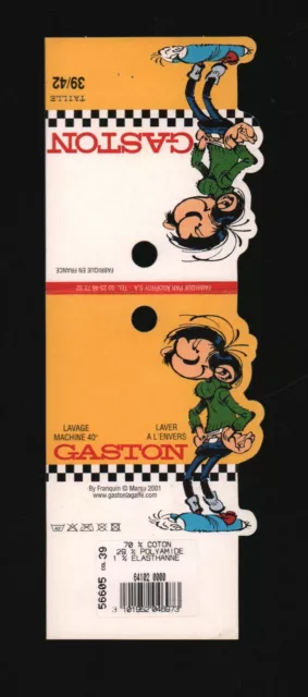 Franquin . Étiquette Carton Chaussettes Gaston Lagaffe . 2001 . ( P127 ) .