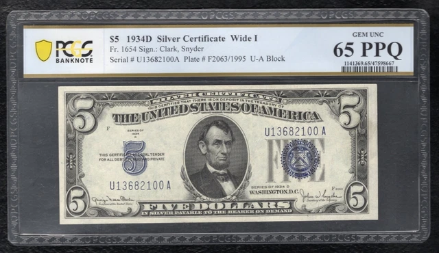 Fr. 1654 1934-D $5 Wide I Silver Certificate Pcgs Banknote Gem Unc-65Ppq (F)