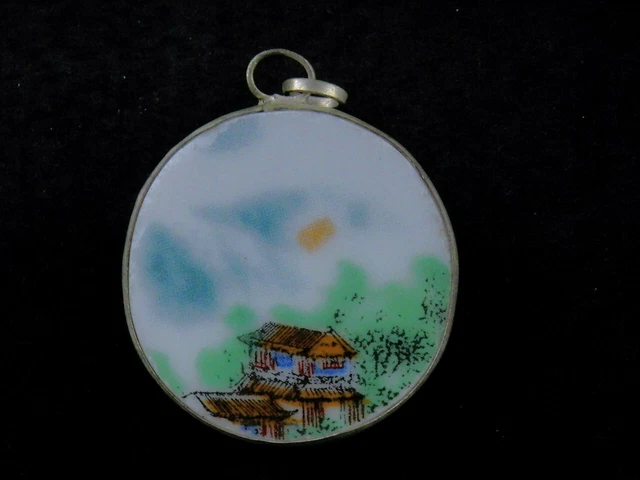 Fine Chinese silver Inlay Porcelain *Landscape* Pendant PP025