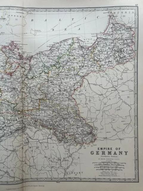 1884 Empire Of Germany, North Hand Coloured Original Antique Map by Johnston 3