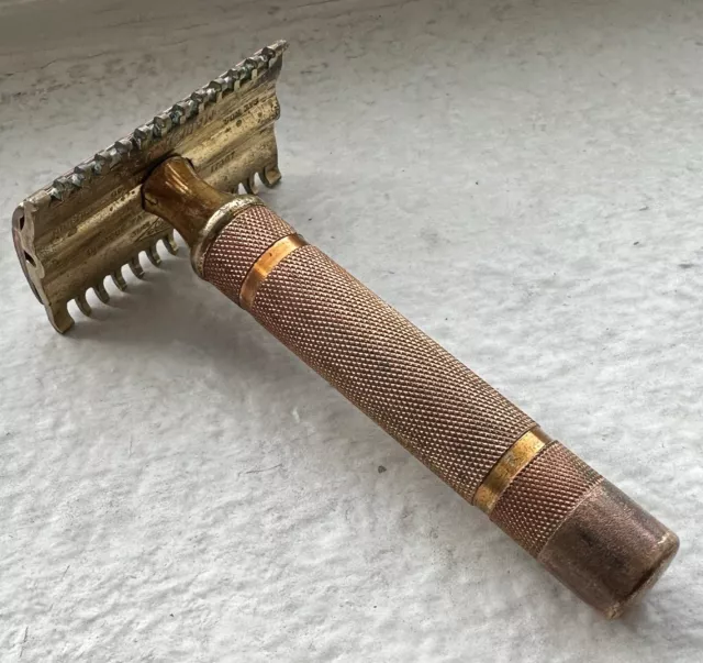 Vintage 1930's Gillette NEW Long Comb 3 Piece DE Safety Razor Gold Tone