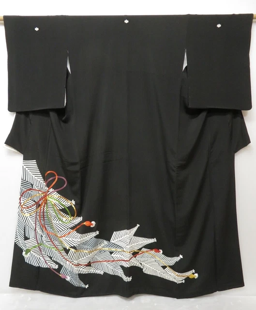 1126T05z1530 Japanese Kimono Silk TOMESODE Black Kumihimo