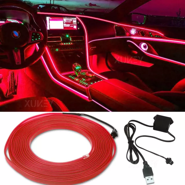 Wire Interior Car LED Strip Lights 5M RED USB Neon Glow Lights Ambient Lighting