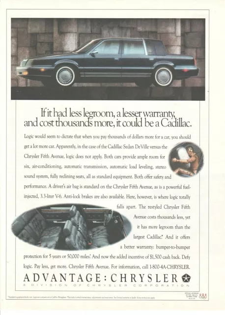 CHRYSLER Fifth Avenue vintage magazine print ad from Time 1992 car automobile
