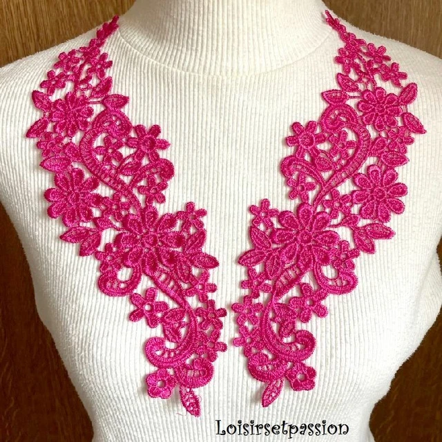 LOT de 2 APPLIQUES DENTELLE SYMÉTRIQUE GUIPURE / FUCHSIA ** 10 x 26 cm ** ACD49
