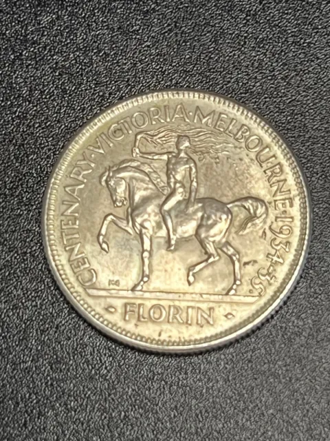 Australia 1934-35 Melbourne Centenary Silver Florin Coin EF  #3