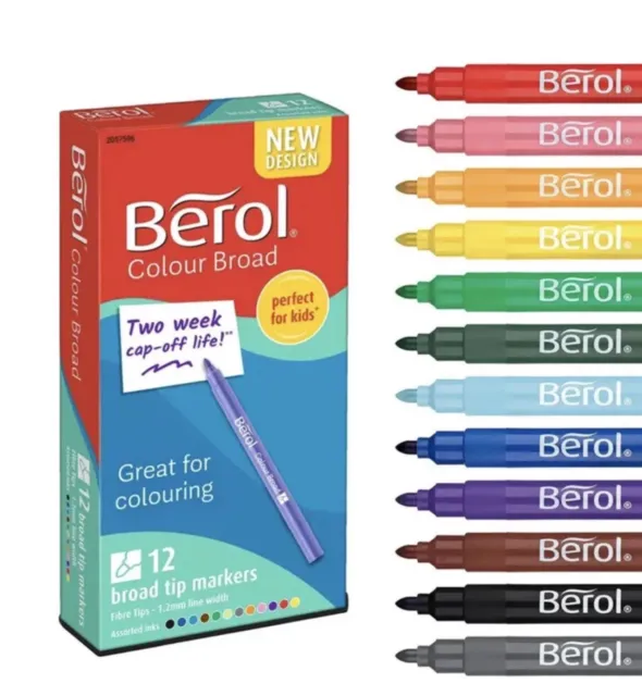 Berol Colour Broad Pens Assorted Colours Pack of 12 - Washable Ink - Uk Seller
