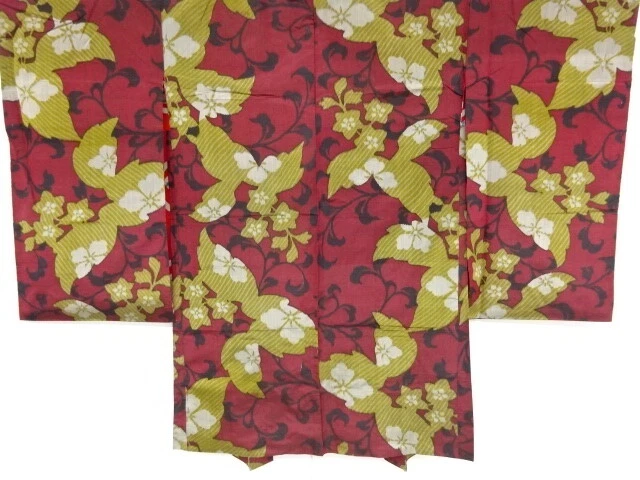 82824# Japanese Kimono / Antique Haori / Meisen / Woven Floral Plants