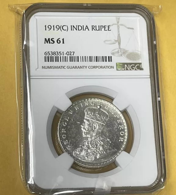 1919 C One 1 Rupee British India King George V Silver Coin NGC Graded MS 61