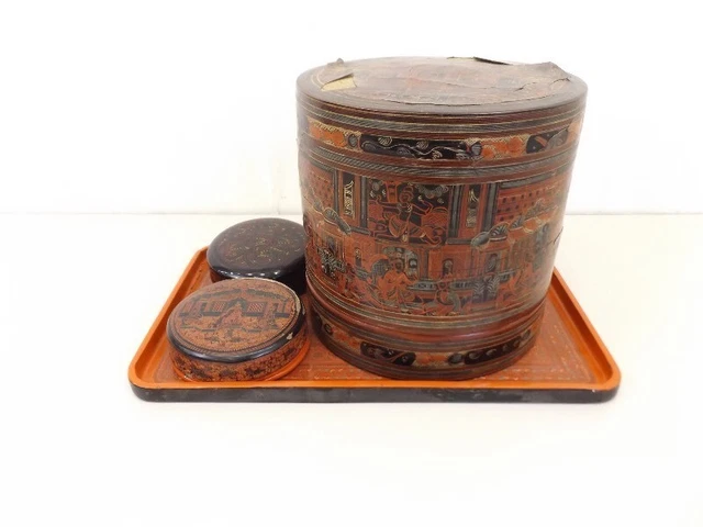 Vintage Burmese Lacquer Betel Nut Box 4 pcs Burma Myanmar Zodiac Symbols