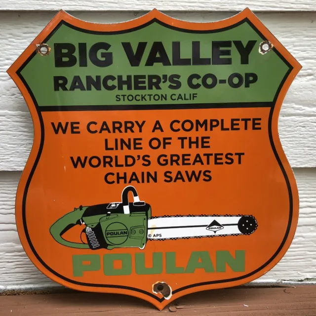 Vintage Poulan Big Valley 11.75” Rancher Co-Op Porcelain Like Sign